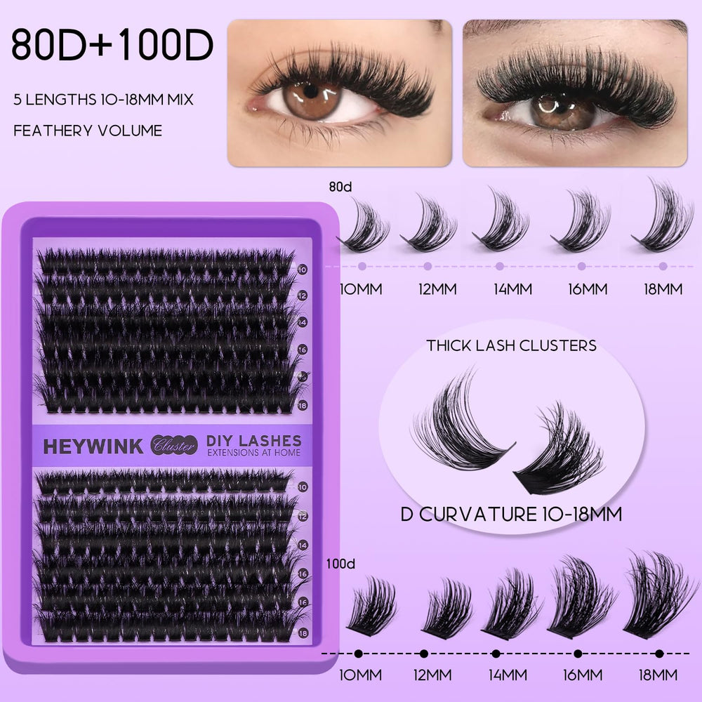 HEYWINK lash clusters kit with 10-18mm lengths to customize thick and wispy styles.