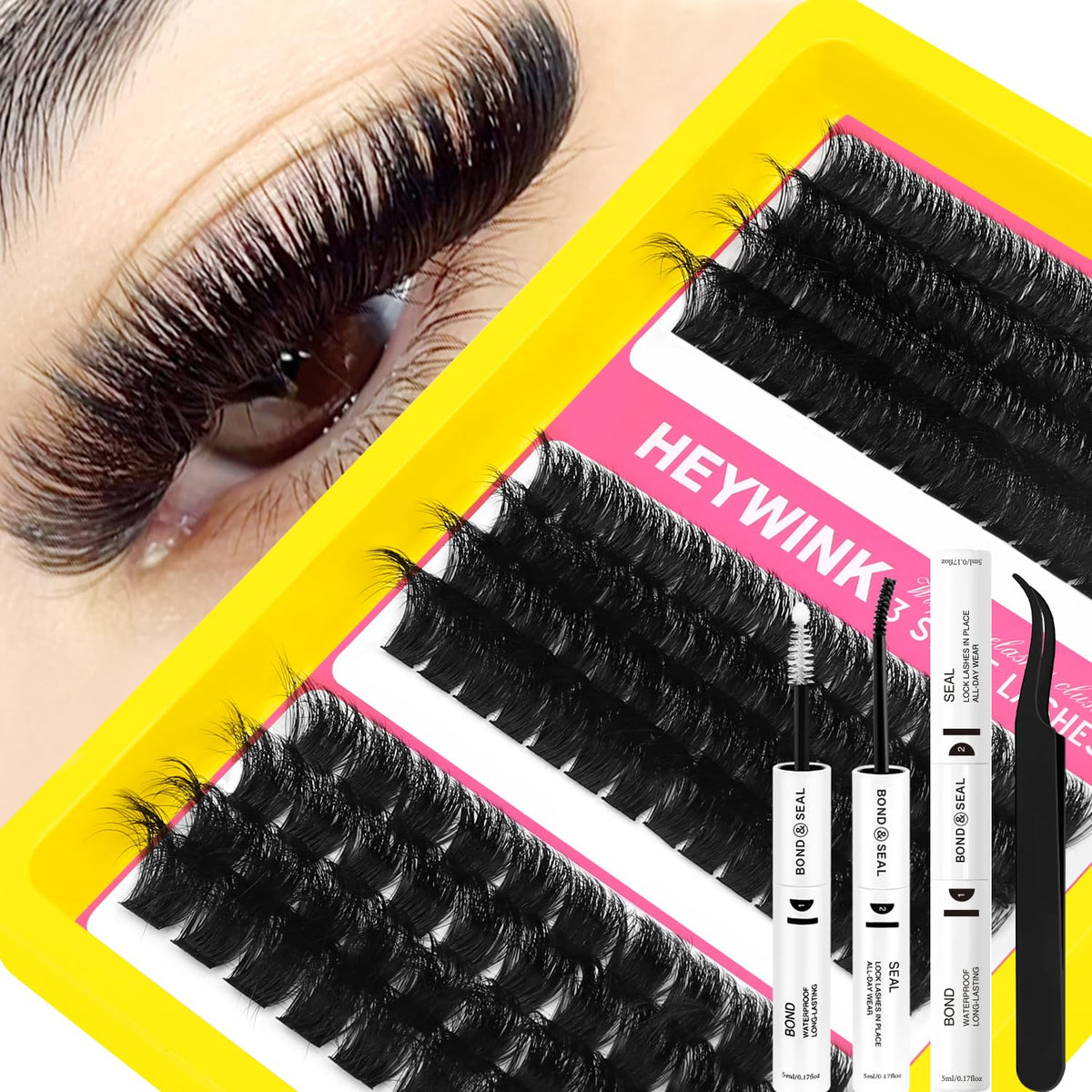 HEYWINK lash extension kit 100D dense clusters for bold daytime volume.