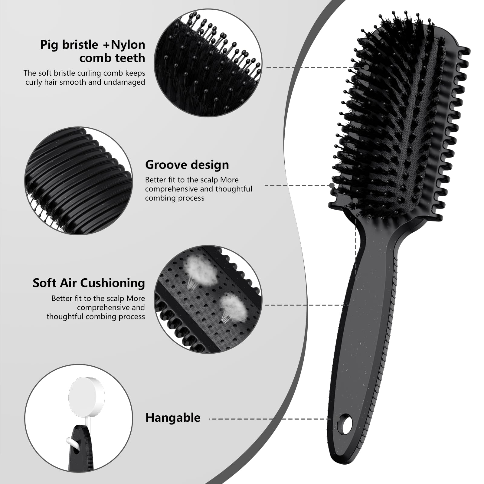 HEZ bristle brush closeup for gentle detangling in curly hair.