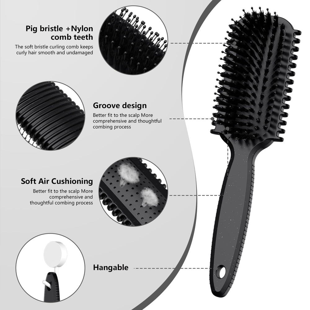 HEZ bristle brush closeup for gentle detangling in curly hair.