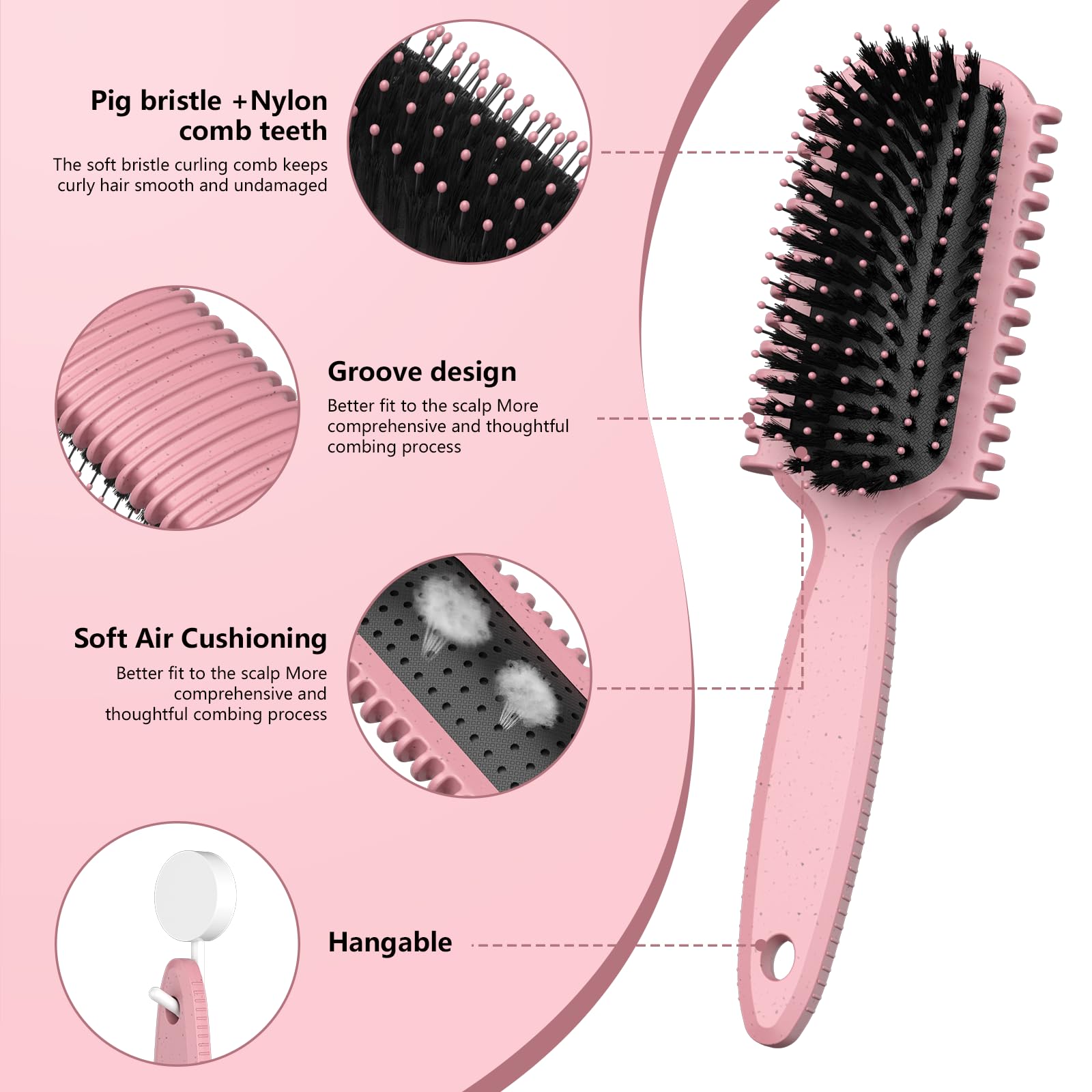 HEZ Bristle brush for curly hair offering gentle detangling and shine.
