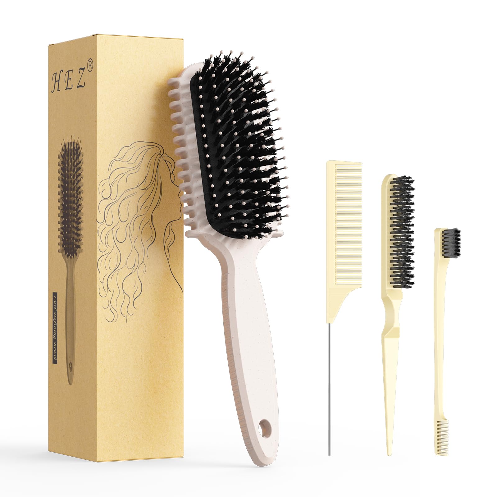 HEZ Curl Defining Brush closeup shows gentle bristles for curl shaping.