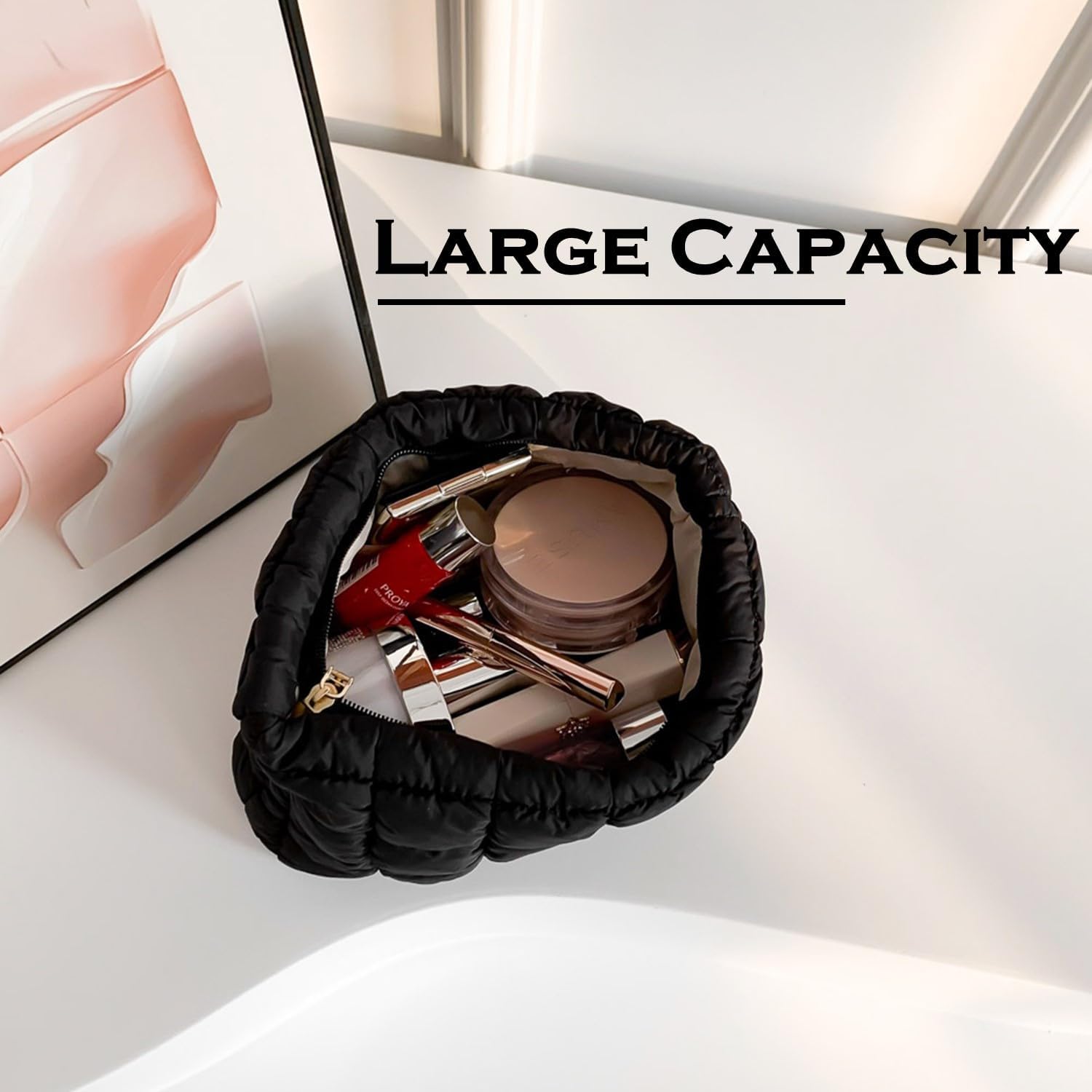 HFLZBRO Puffy quilted makeup bag top-zip closure keeps contents secure.