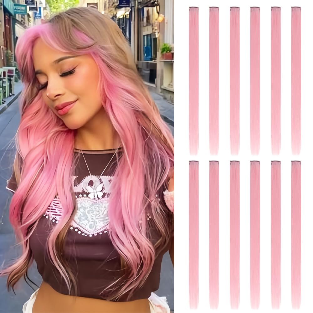 HH FASHION 12-piece light pink clip-in extensions add instant color for effortless style.