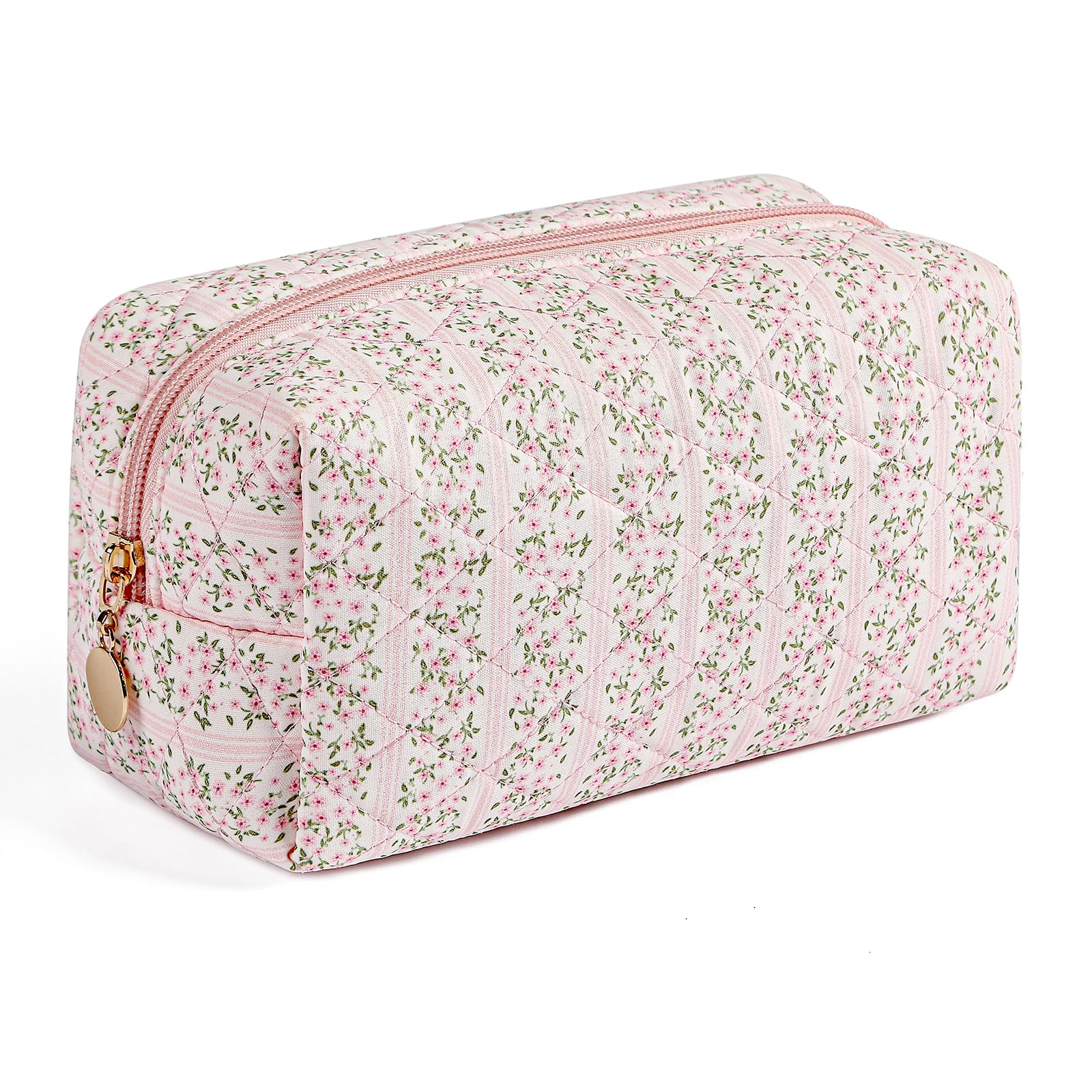 HHQQWZ makeup bag front view in pink floral design for easy travel organization