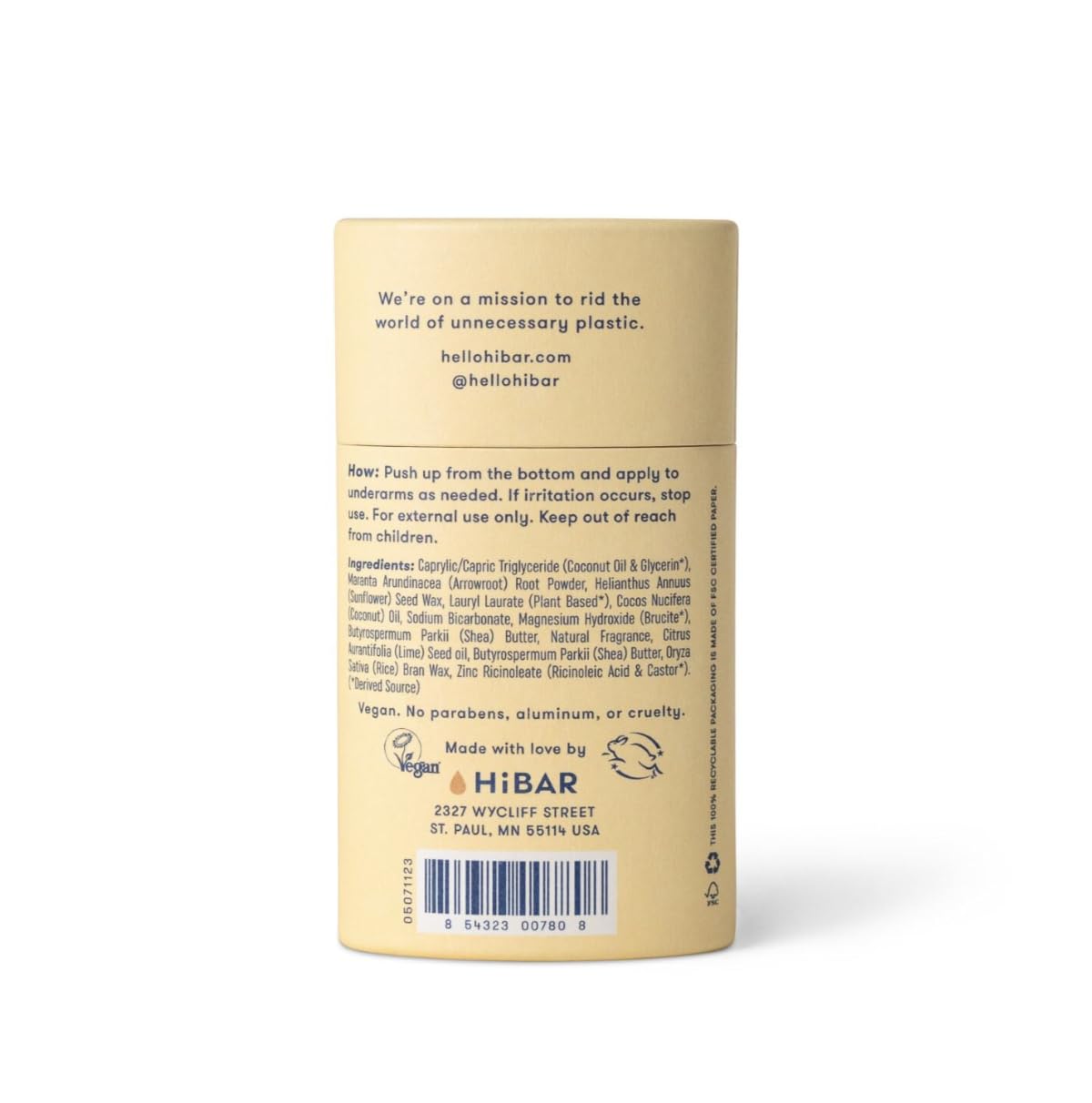 HiBAR Envase reciclable del desodorante, reduce residuos y es suave para la piel.