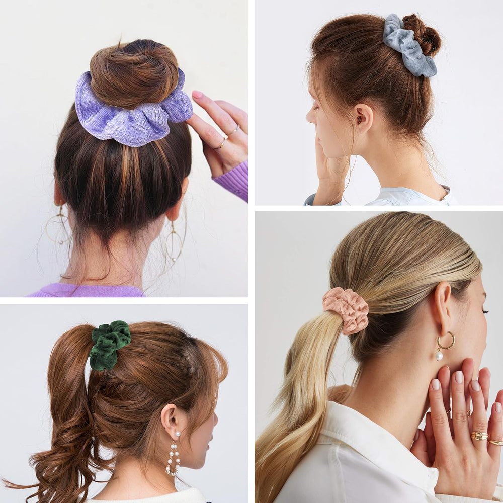 Durable elastic core provides lasting hold in velvet scrunchie.