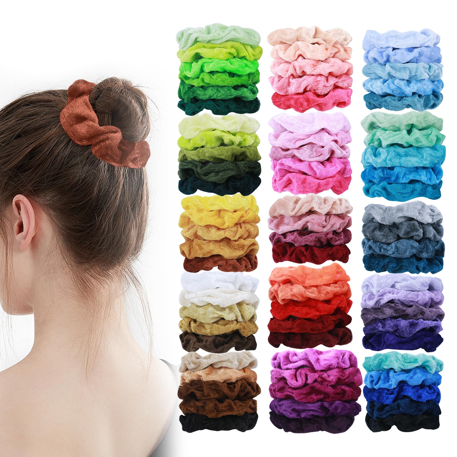HICONUT velvet scrunchie pack in vibrant colors for versatile daily styling.