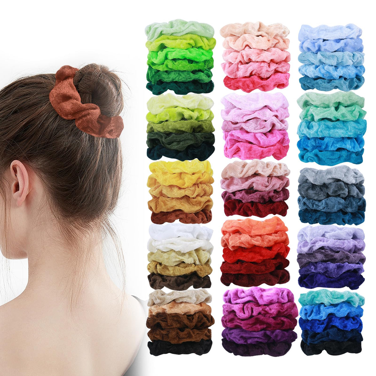 HICONUT velvet scrunchie pack in vibrant colors for versatile daily styling.