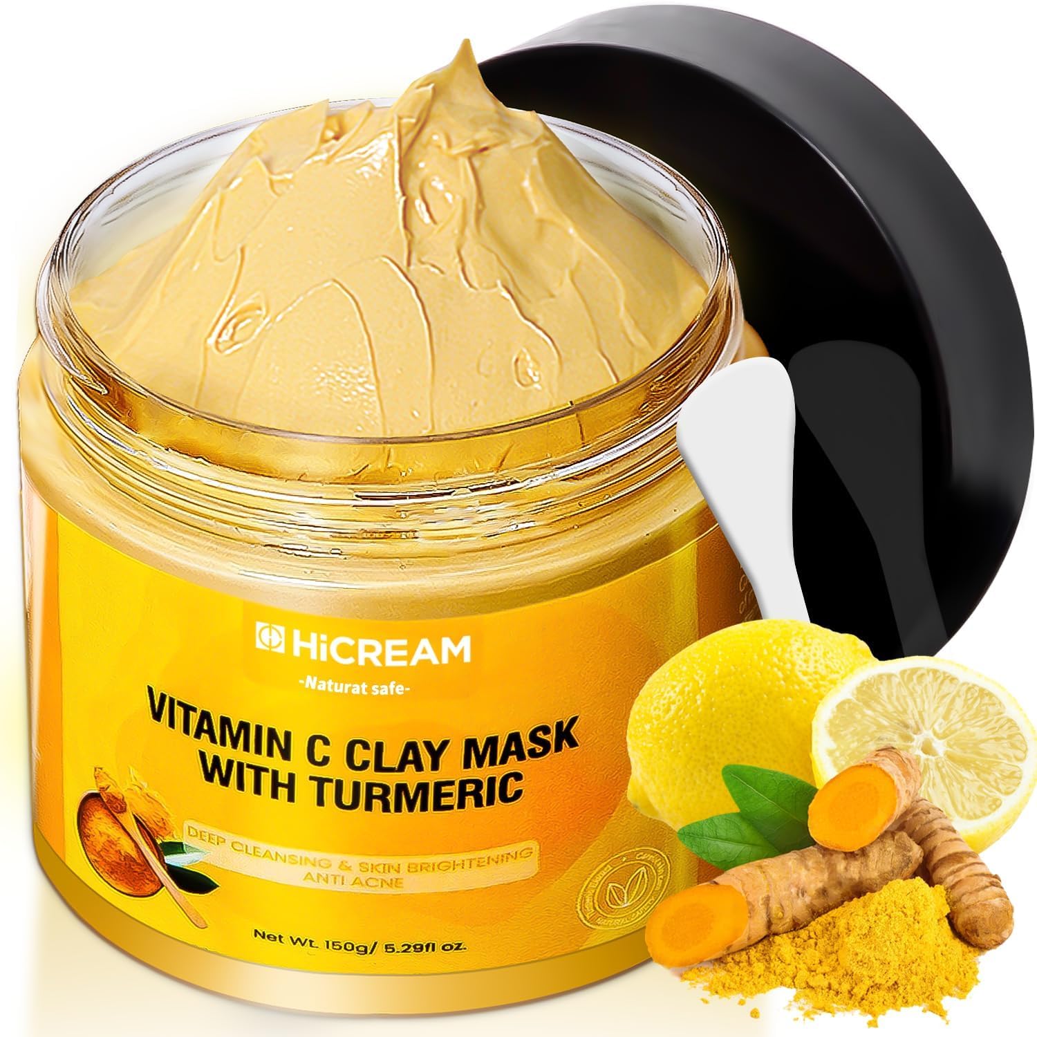 Hicream Turmeric Vitamin C Clay Mask jar in a bright yellow tub supporting radiant skin
