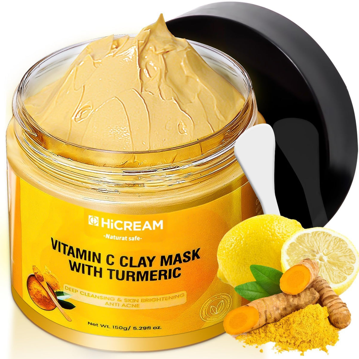 Hicream Turmeric Vitamin C Clay Mask jar in a bright yellow tub supporting radiant skin