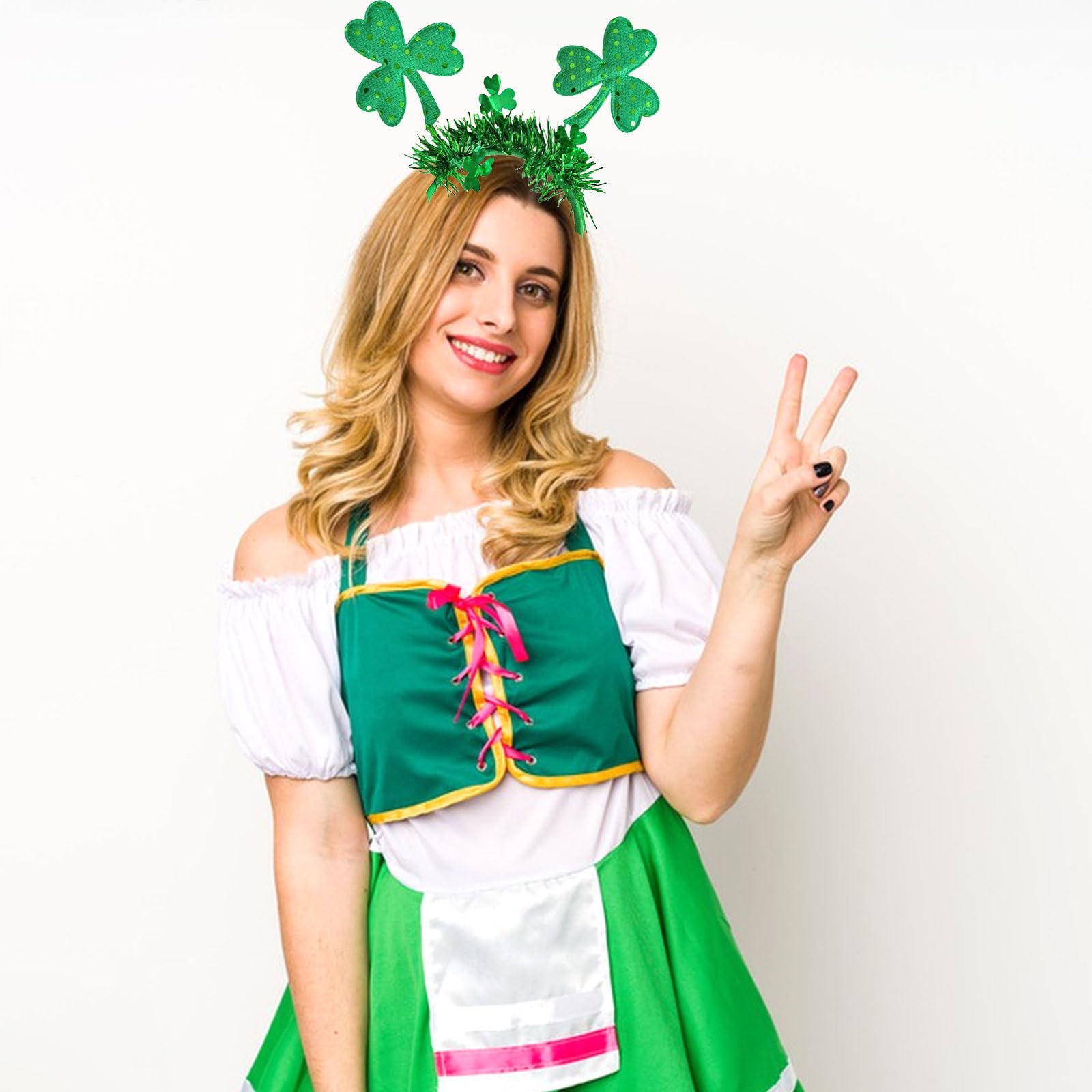 HIFANMM green sequin clover headband adds glitter to St. Patrick’s Day outfits.