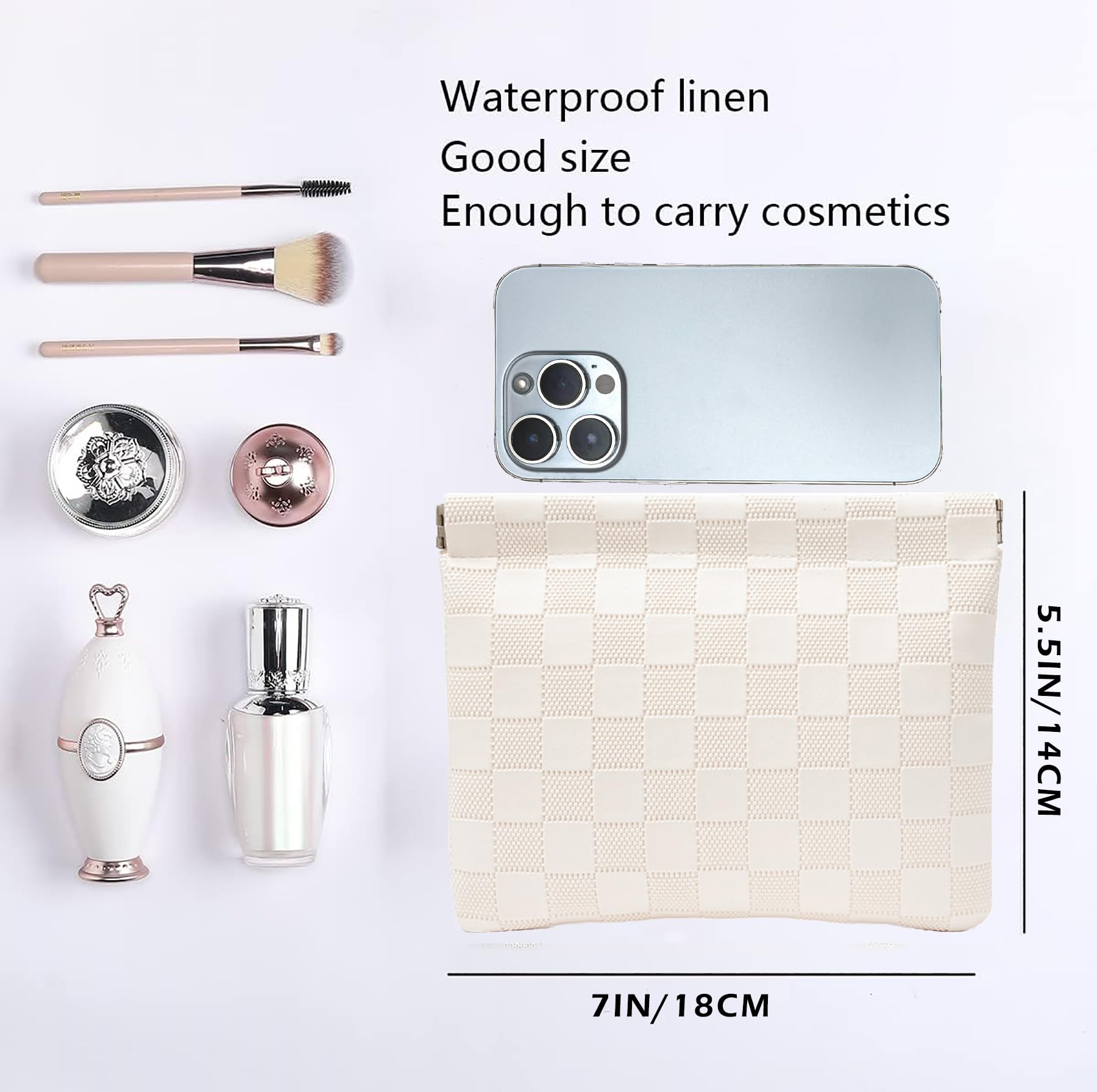 HIGH FIT no-zip makeup bag offers one-handed access for quick touch-ups on the go.