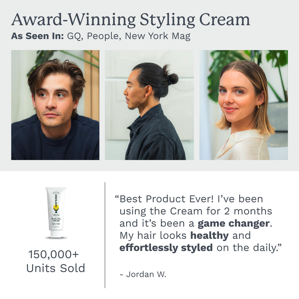 Slick-back styling with Highland Glacial Cream for a polished, low-hold finish.