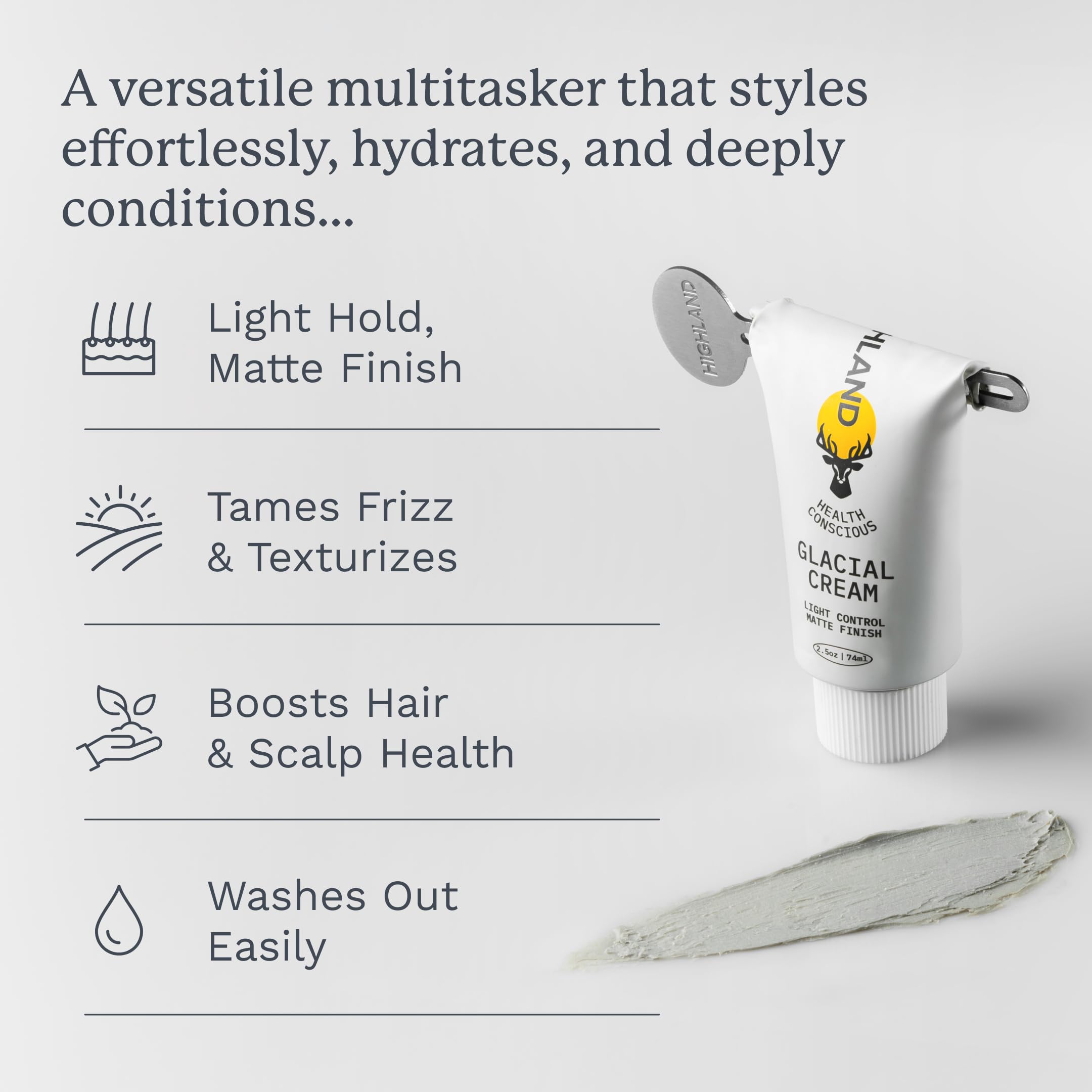 Close-up of Highland Glacial Cream texture for smooth application and frizz control.