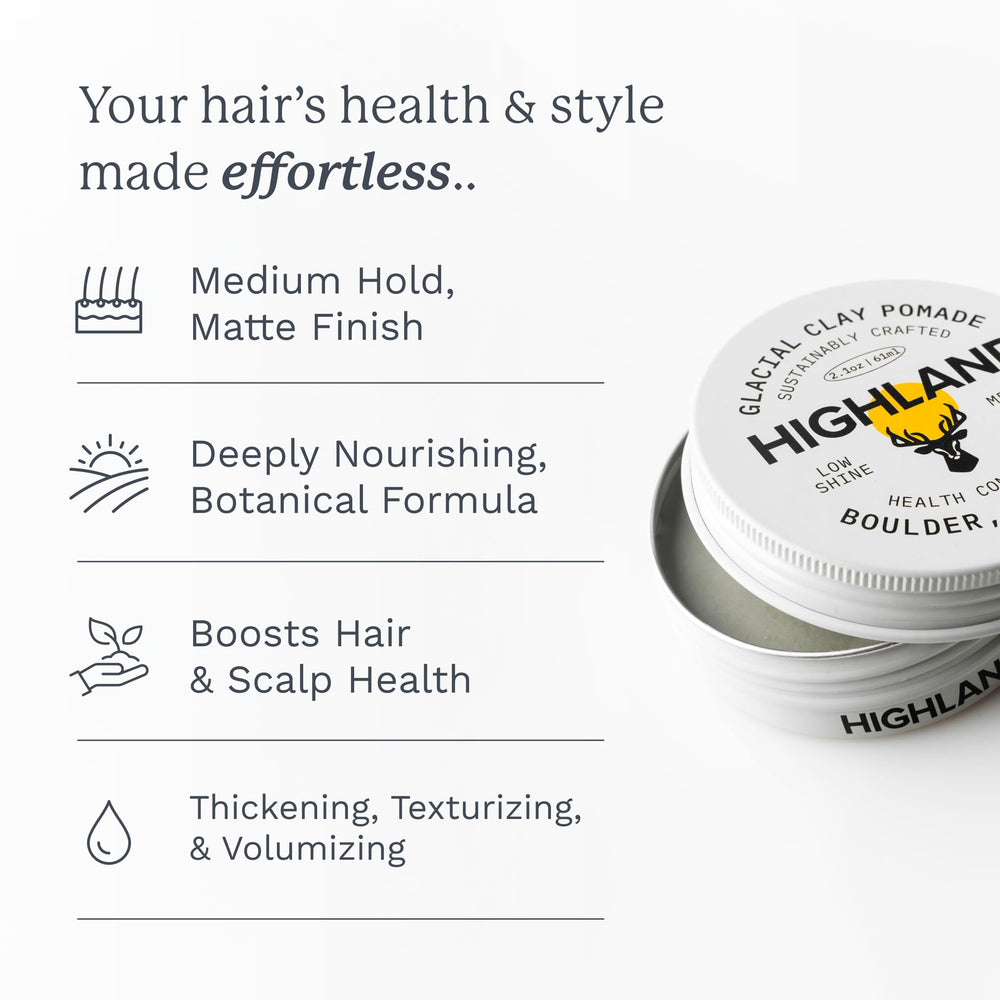 Hand applying Highland Glacial Hair Clay Pomade for textured hold