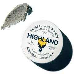 Highland Glacial Hair Clay Pomade jar showcasing natural finish and matte hold