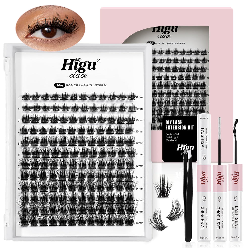 Higu clace lash clusters kit box shows everything for DIY lash looks at home.