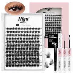 Higu clace lash clusters kit box shows everything for DIY lash looks at home.