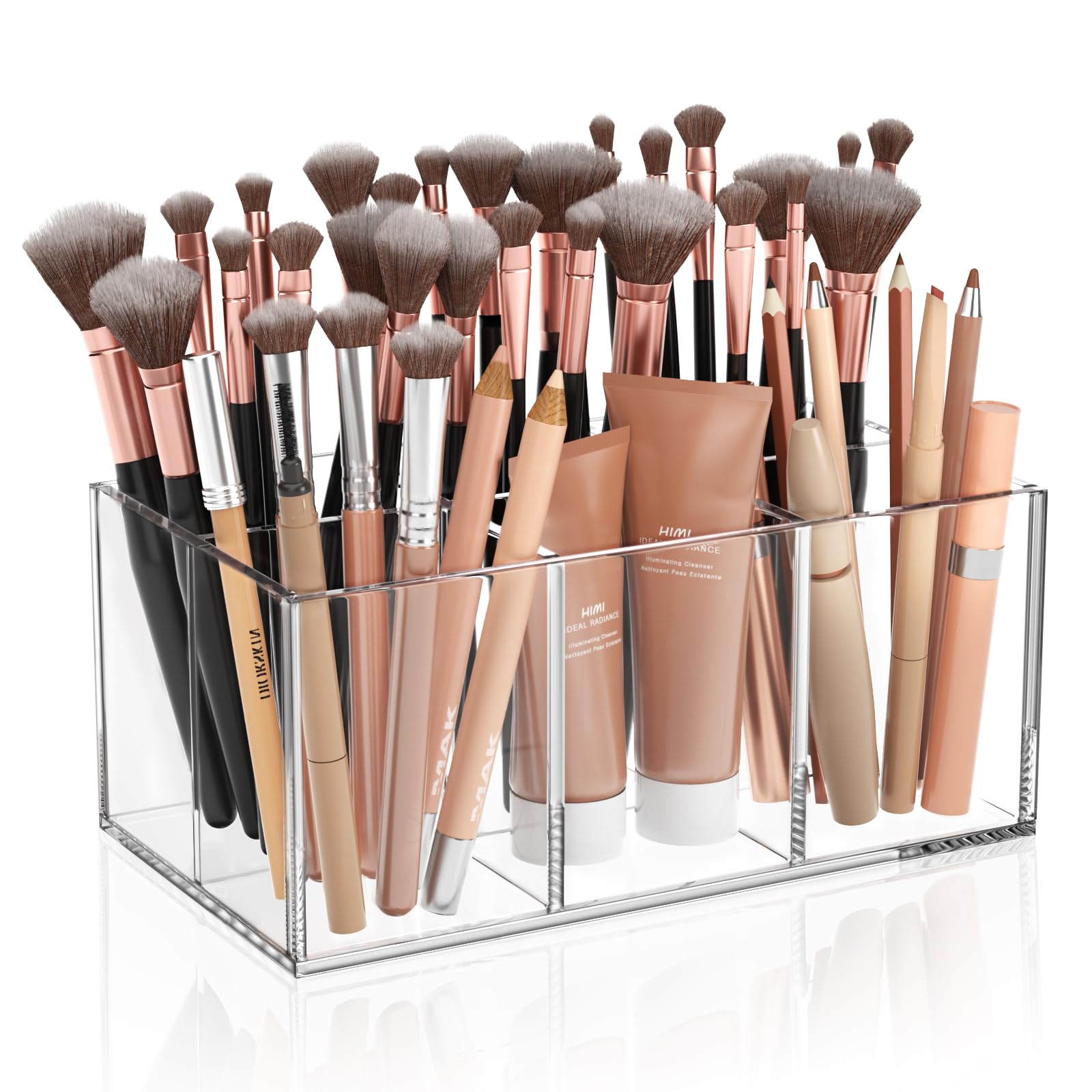 HIIMIEI clear makeup brush holder with six slots for quick brush access.