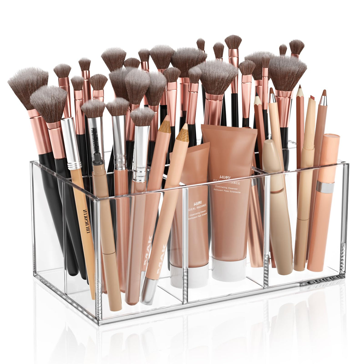 HIIMIEI clear makeup brush holder with six slots for quick brush access.