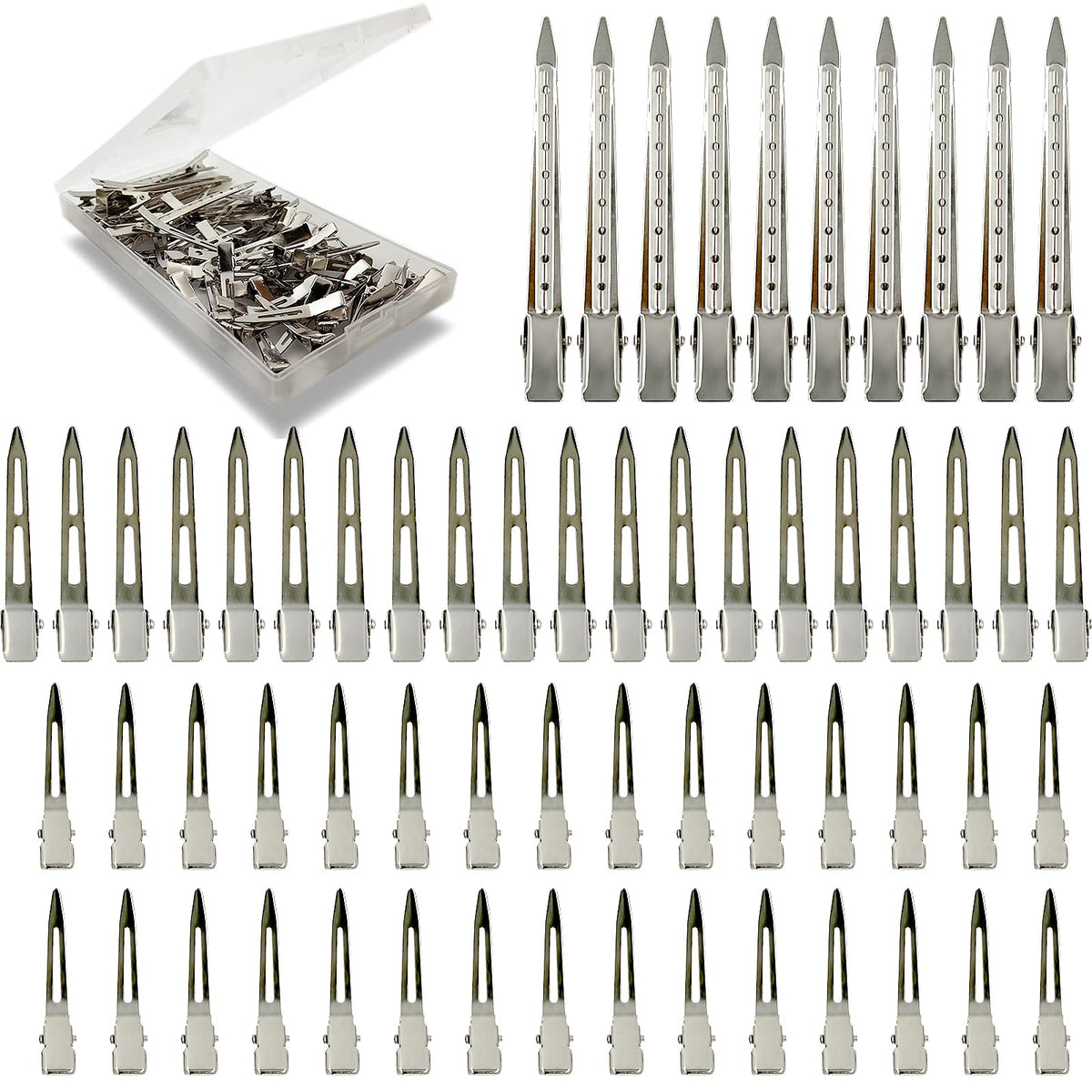 HiJeaton 60-piece metal styling clips in case for organized storage and quick styling.
