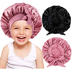 Himoswis silk kids bonnet with long strap stays on through night.