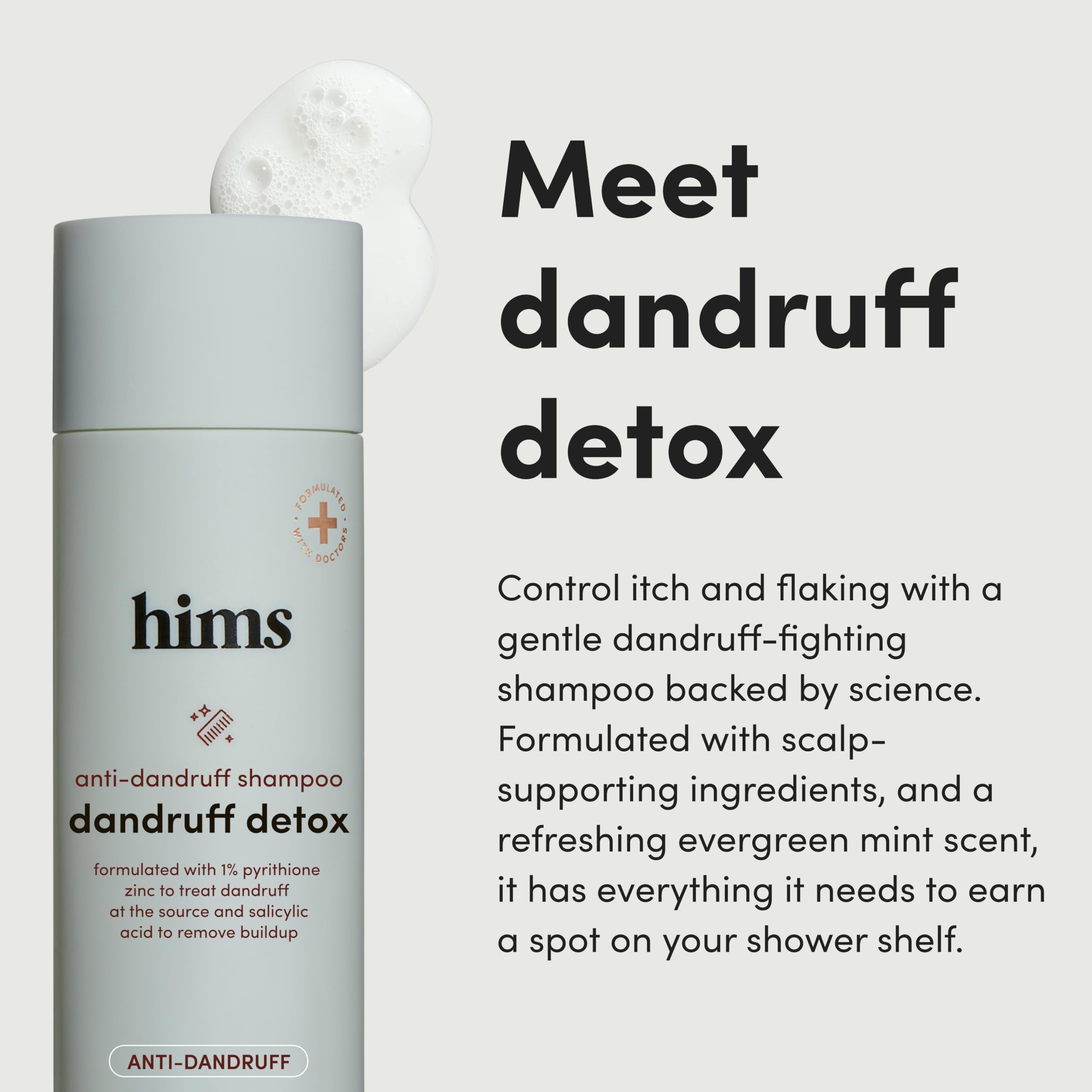 Hims & Hers Dandruff Detox Shampoo back label shows vegan, sulfate-free formula