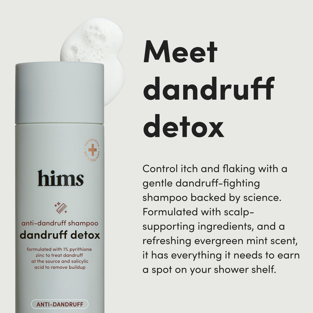Hims & Hers Dandruff Detox Shampoo back label shows vegan, sulfate-free formula