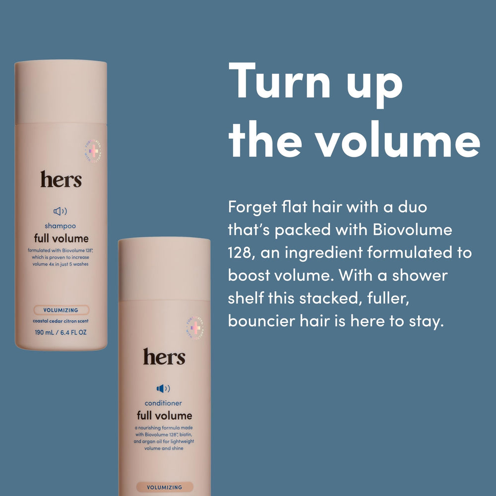 Hims and Hers Full Volume Conditioner bottle emphasizes hydration without weighing hair down.