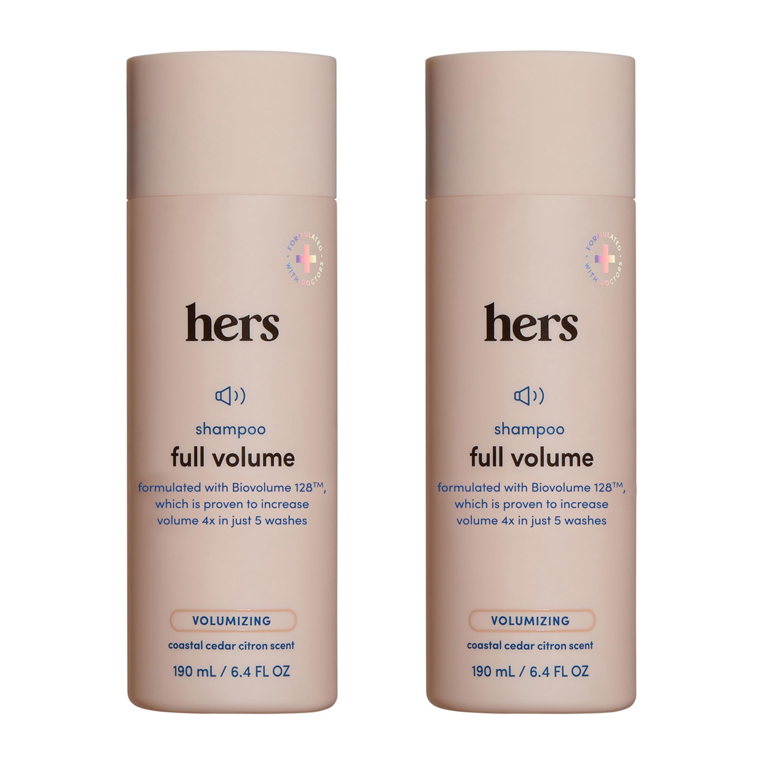 Hims & Hers Full Volume Shampoo bottle pour for easy daily use.