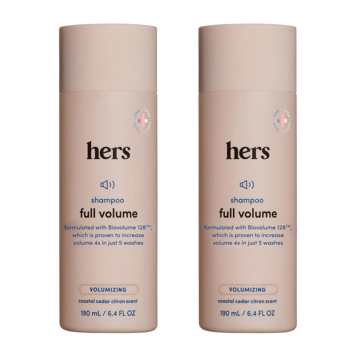 Hims & Hers Full Volume Shampoo bottle pour for easy daily use.