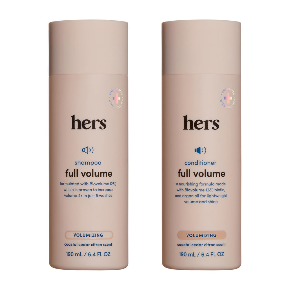 Hims and Hers Full Volume Shampoo bottle highlights volumizing formula for fuller hair.