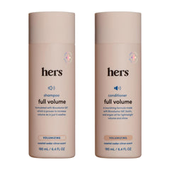 Hims and Hers Full Volume Shampoo bottle highlights volumizing formula for fuller hair.