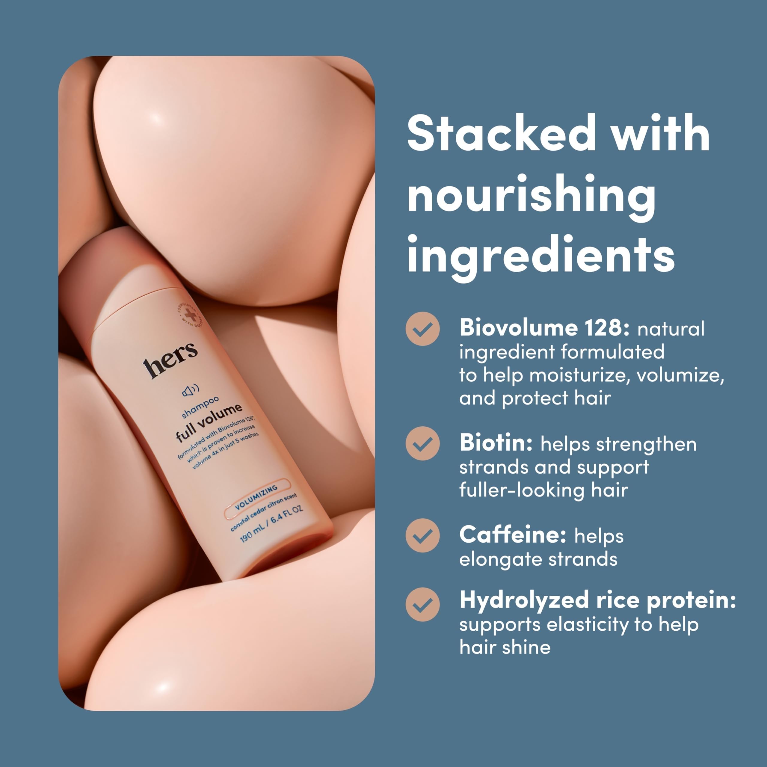Hims & Hers rice protein formula nourishes strands during wash.