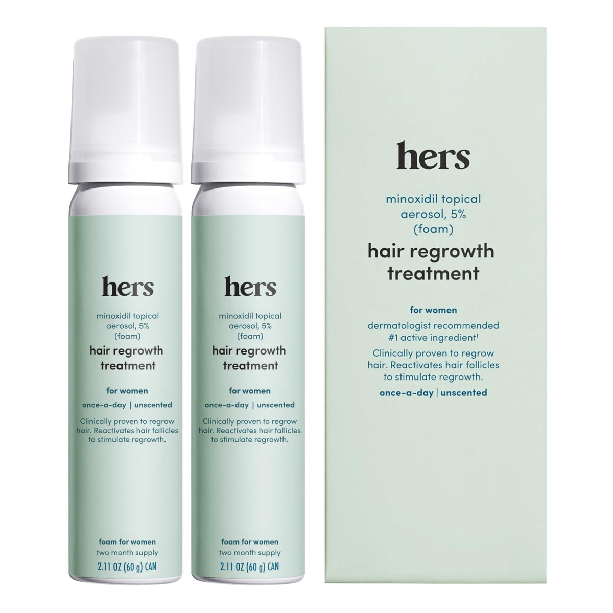 Hims & Hers hair regrowth foam bottle shown for easy daily use.
