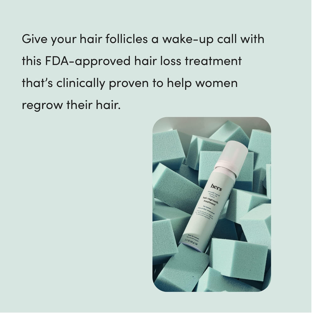 Hims & Hers hair regrowth foam close-up displays 5% minoxidil consistency.