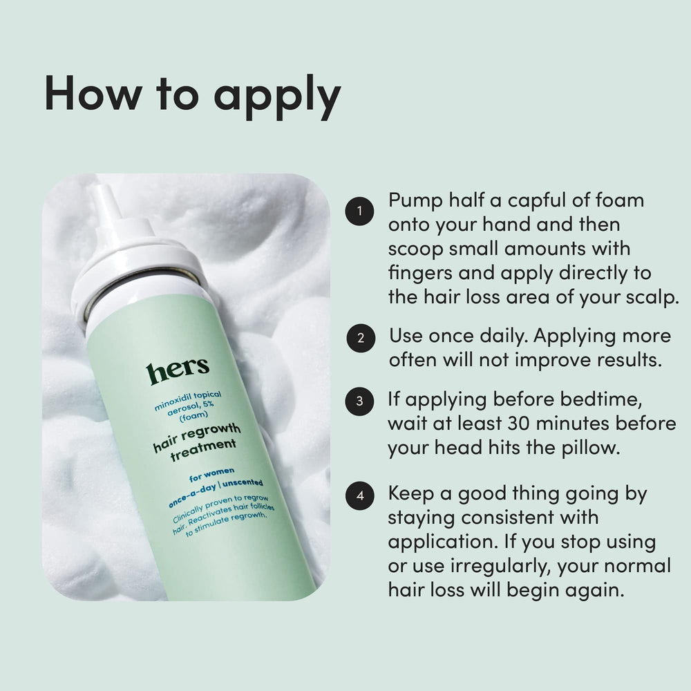 Hims & Hers hair regrowth foam applied to scalp showing targeted use.