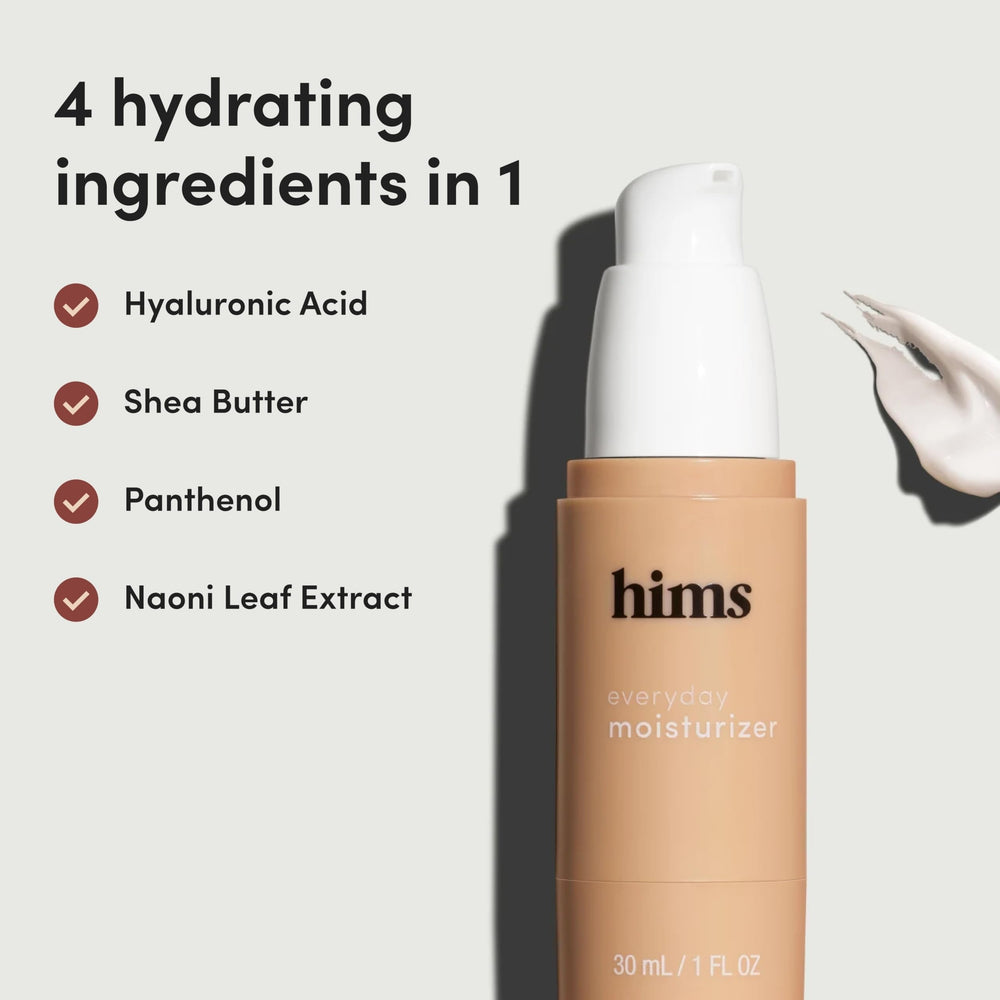Envase compacto de hims & hers, fácil de llevar en la rutina matutina.