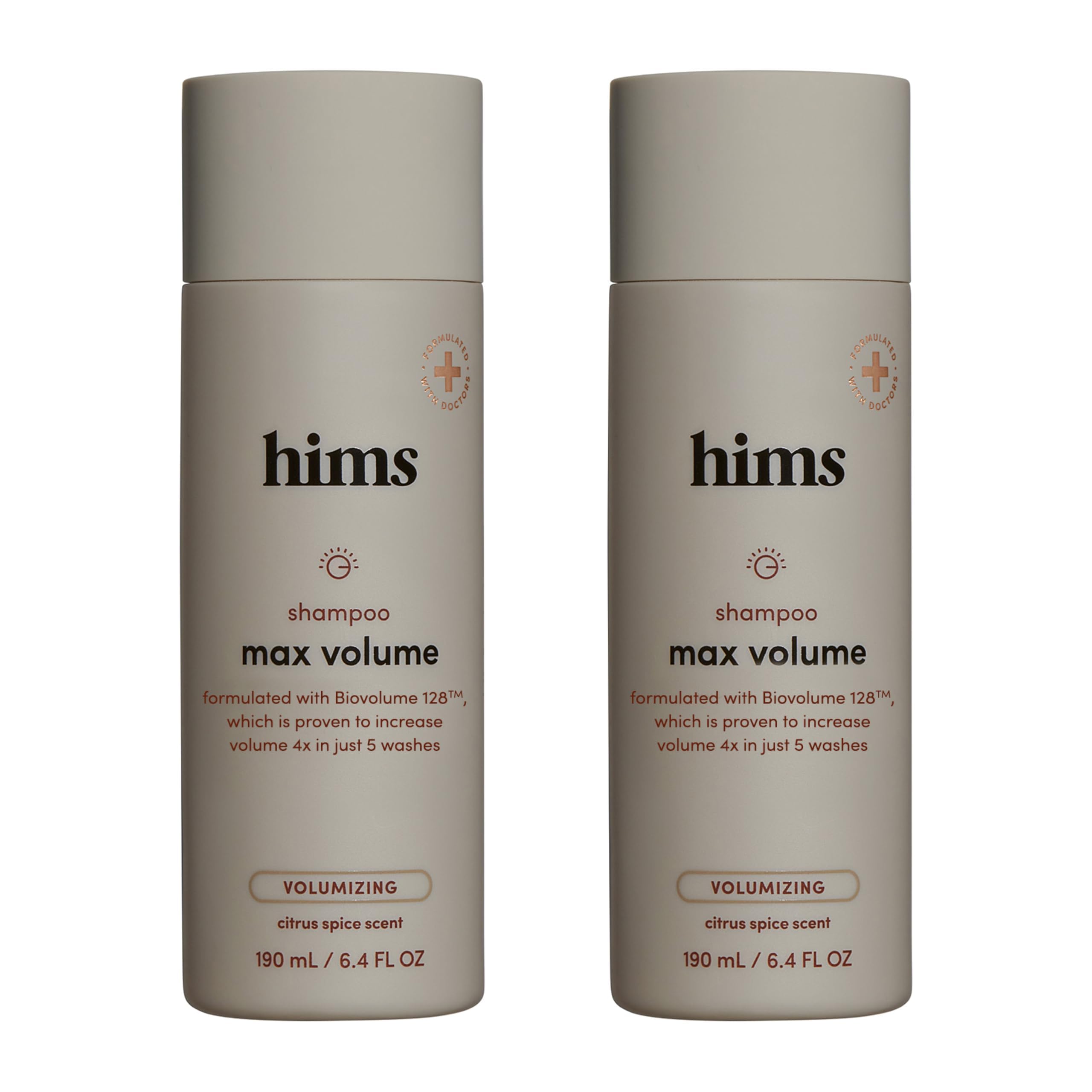 Hims & Hers Max Volume Shampoo bottle showing root lift and fuller-looking hair.