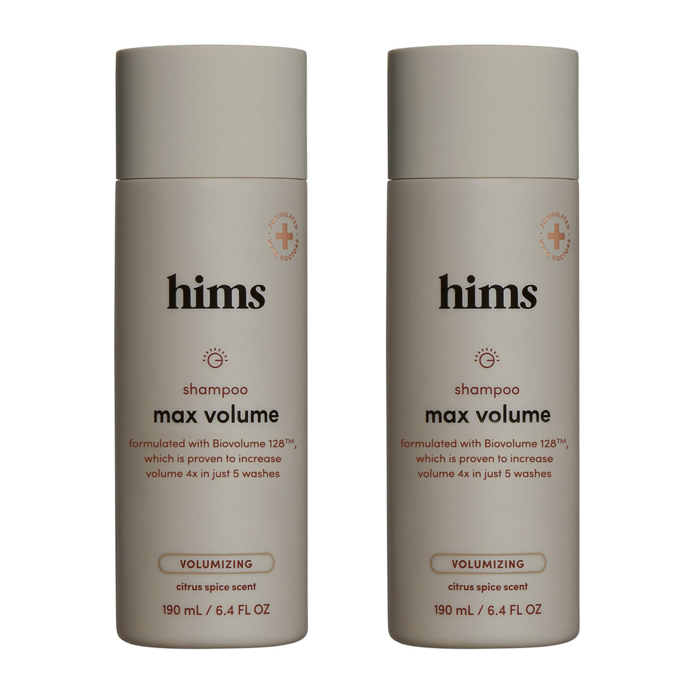 Hims & Hers Max Volume Shampoo bottle showing root lift and fuller-looking hair.
