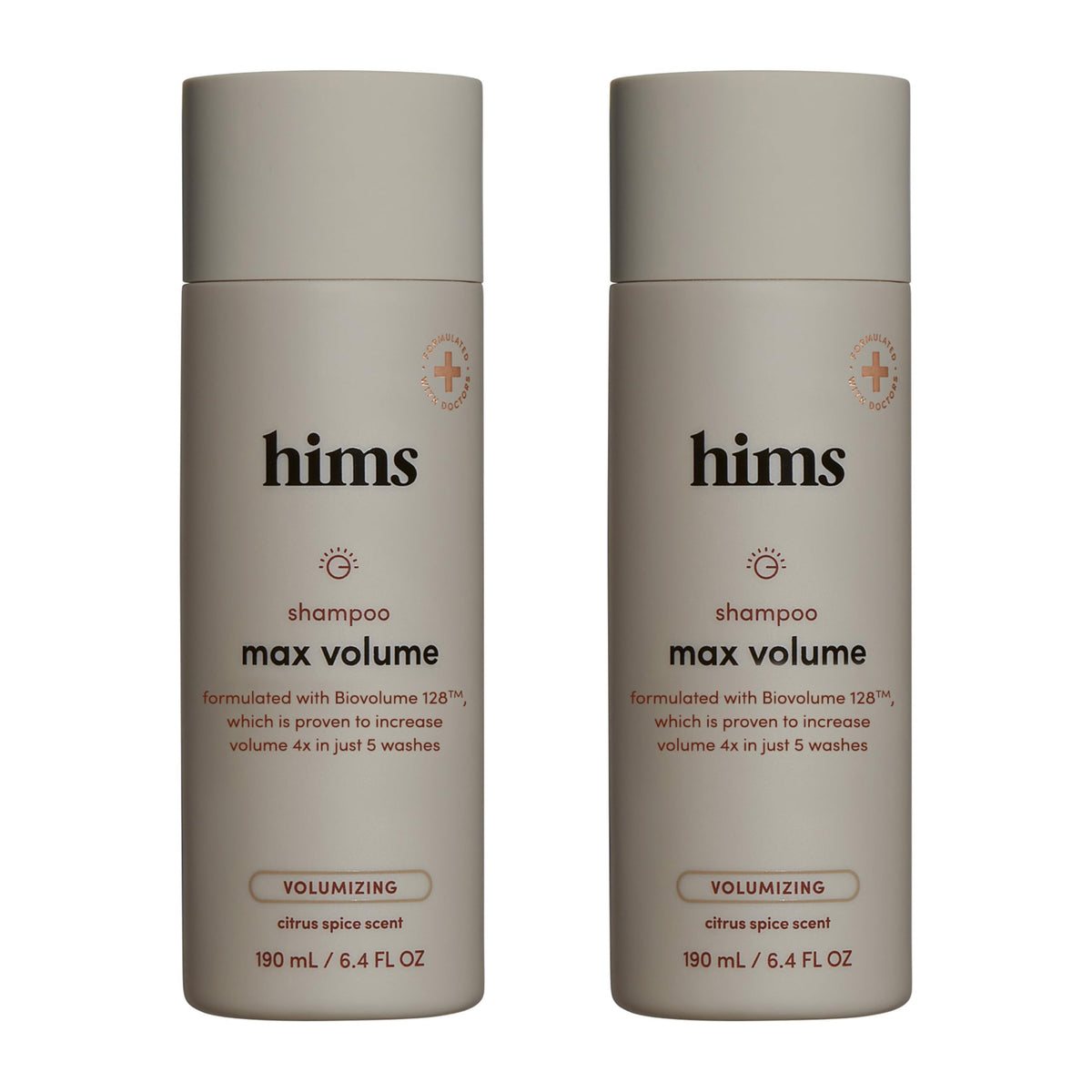 Hims & Hers Max Volume Shampoo bottle showing root lift and fuller-looking hair.
