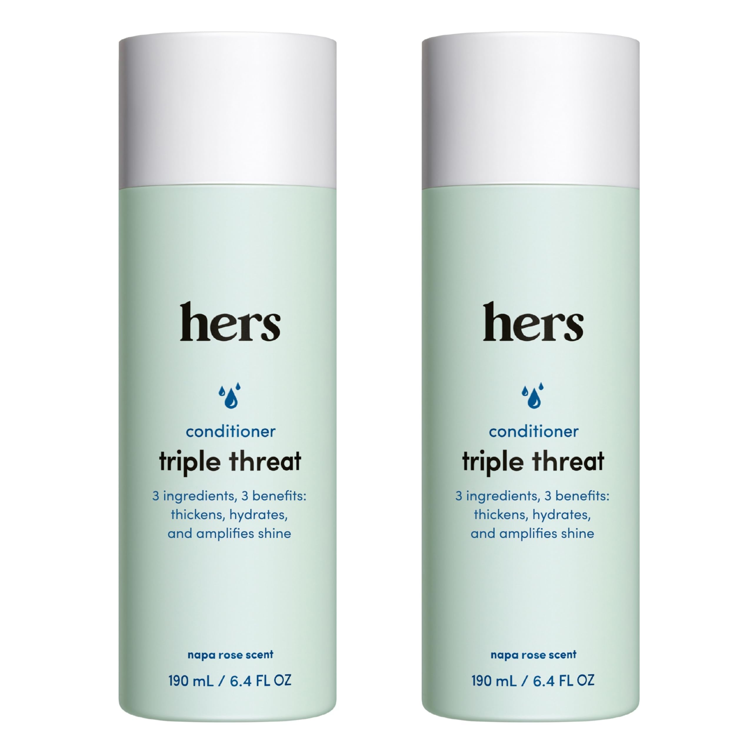 Hims & Hers Triple Threat Conditioner bottle showing hydrating formula for all hair types
