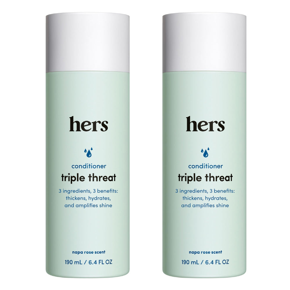 Hims & Hers Triple Threat Conditioner bottle showing hydrating formula for all hair types