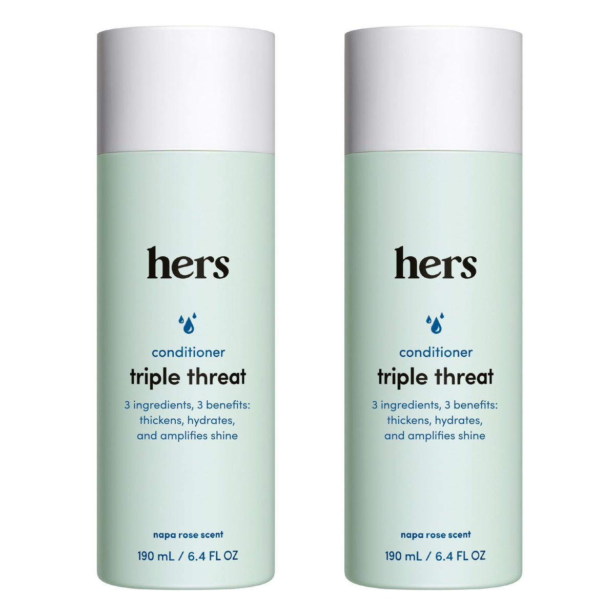 Hims & Hers Triple Threat Conditioner bottle showing hydrating formula for all hair types
