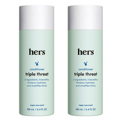 Hims & Hers Triple Threat Conditioner bottle showing hydrating formula for all hair types