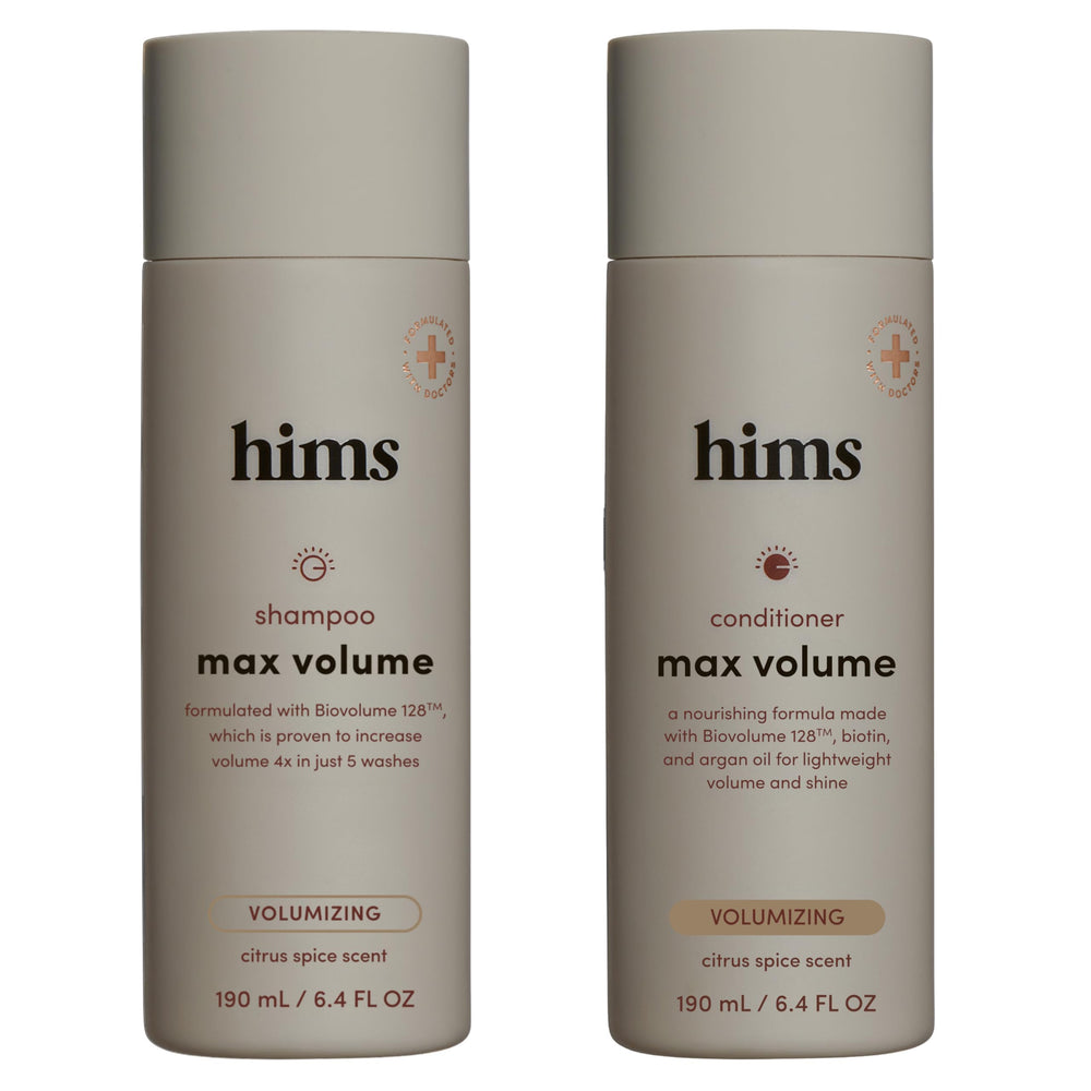 Hims Max Volume Shampoo bottle shows root lift and fresh scalp feel.
