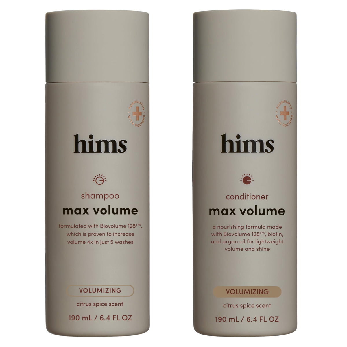 Hims Max Volume Shampoo bottle shows root lift and fresh scalp feel.