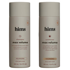Hims Max Volume Shampoo bottle shows root lift and fresh scalp feel.