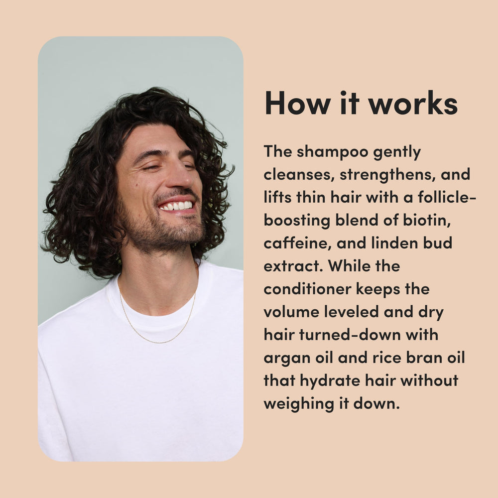 Hims Max Volume shampoo and conditioner pack on a vanity for daily routine.